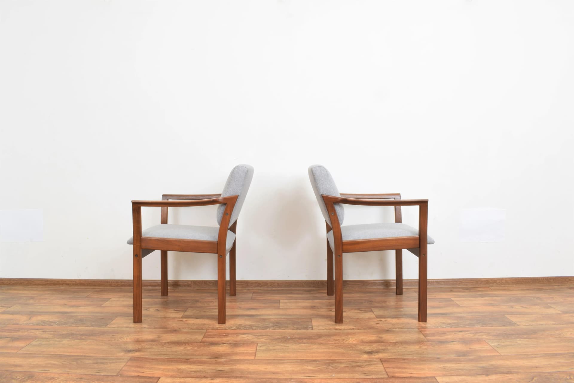 Set of Two Armchairs, brown wood, grey fabric, Denmark, 1970s. - 315814