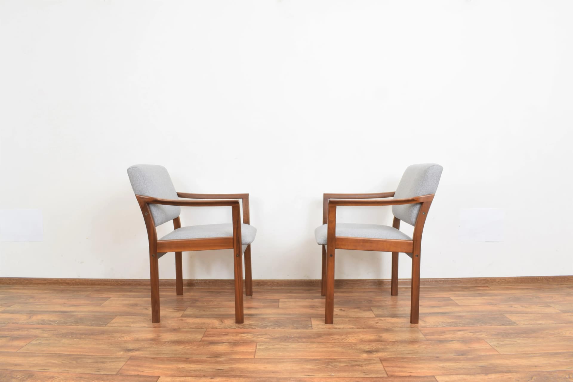 Set of Two Armchairs, brown wood, grey fabric, Denmark, 1970s. - 315815
