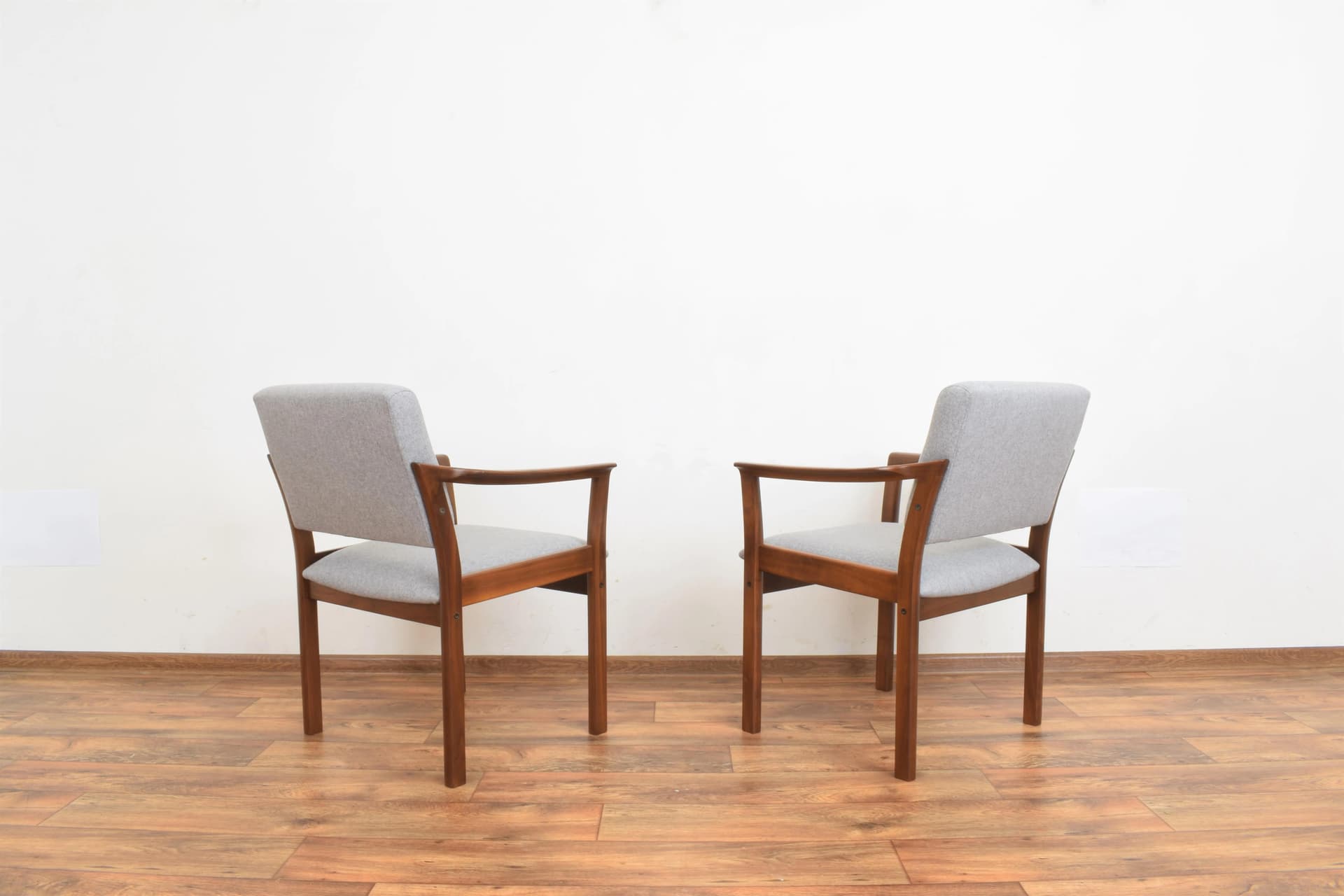 Set of Two Armchairs, brown wood, grey fabric, Denmark, 1970s. - 315812