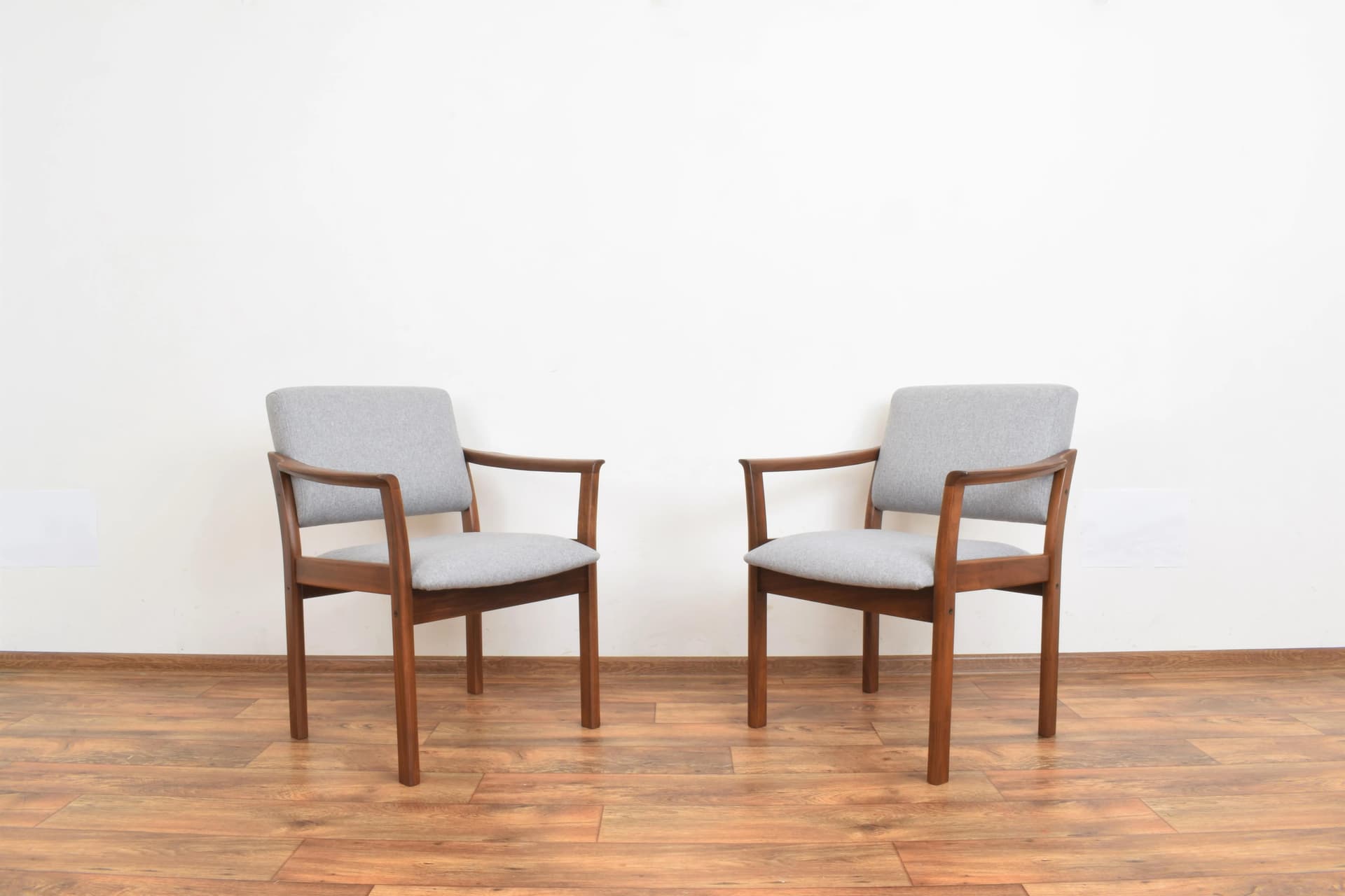 Set of Two Armchairs, brown wood, grey fabric, Denmark, 1970s. - 315813