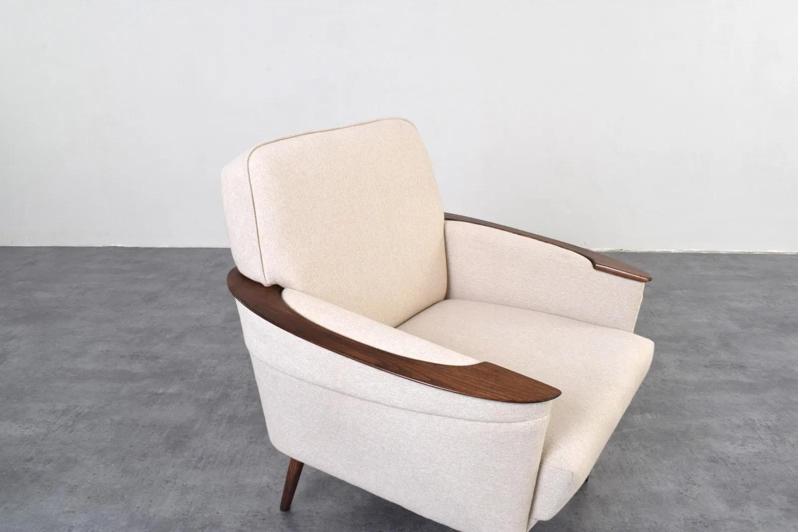 Club armchair, beige fabric, oak, beech, Germany, 1970s. - 315789