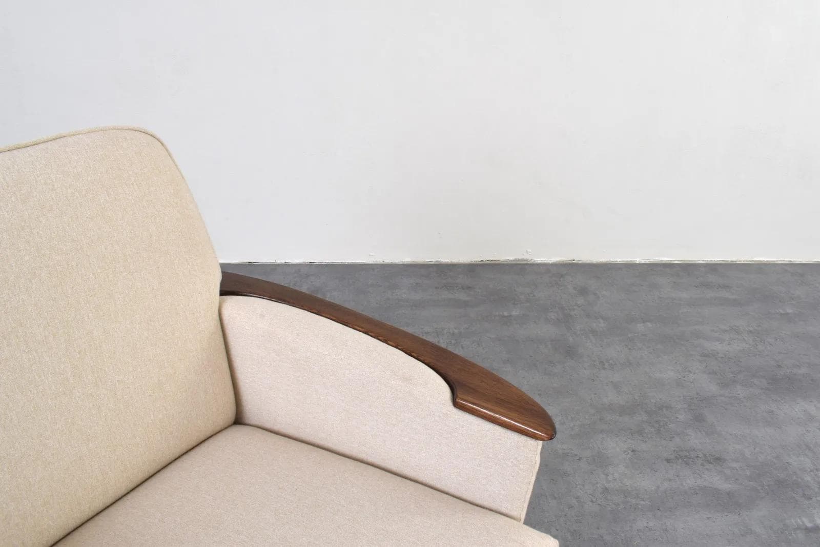 Club armchair, beige fabric, oak, beech, Germany, 1970s. - 315782