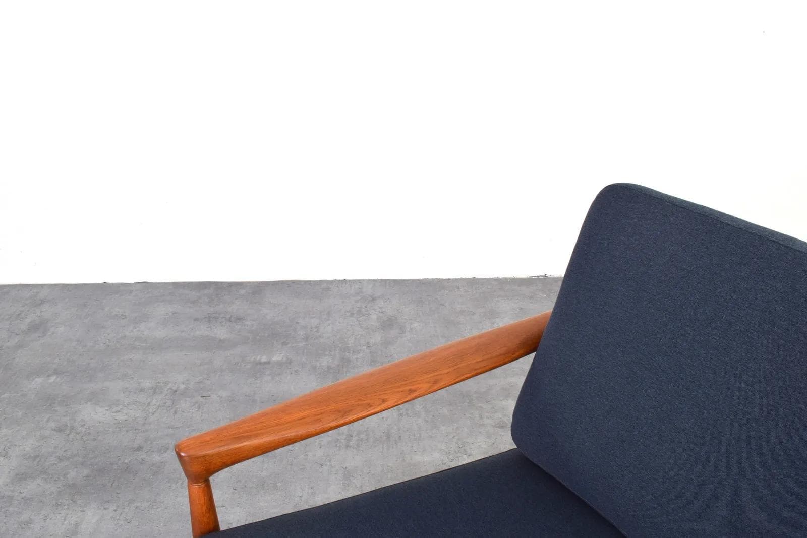 Pair of armchairs, brown oak, navy blue fabric, by E. Wørts, Ikea, Sweden, 1960s. - 315743