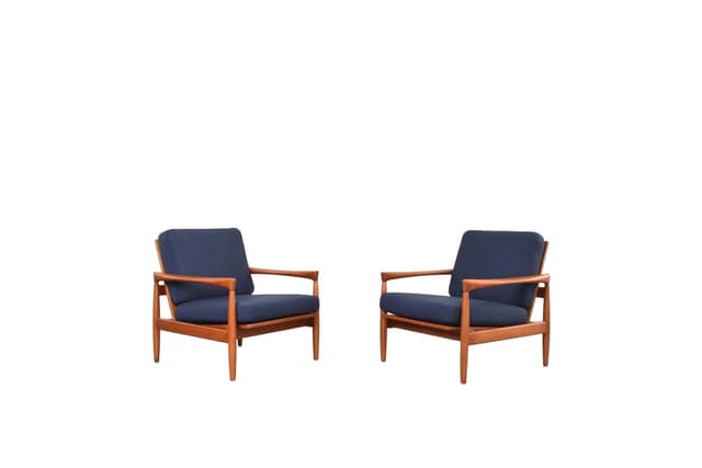 Pair of armchairs, brown oak, navy blue fabric, by E. Wørts, Ikea, Sweden, 1960s. - DIMENSION