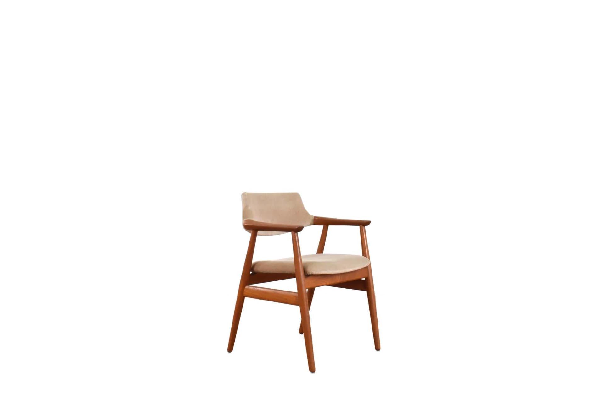 Fotel, teak brązowy, velvet beżowy, proj. S. Åge Eriksen, Glostrup Møbelfabrik, Dania, lata 60.