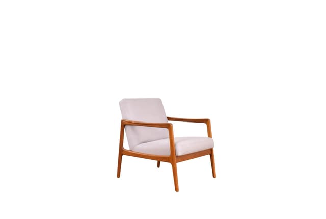 Armchair, brown teak, beige fabric, by A. Svensson, Dux, Sweden, 1960s. - DIMENSION
