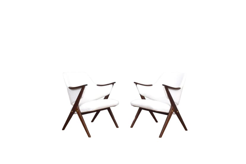 Para foteli Knott, teak brązowy, bouclé biały, Brunstad Møbelfabrikk, Norwegia, lata 60.