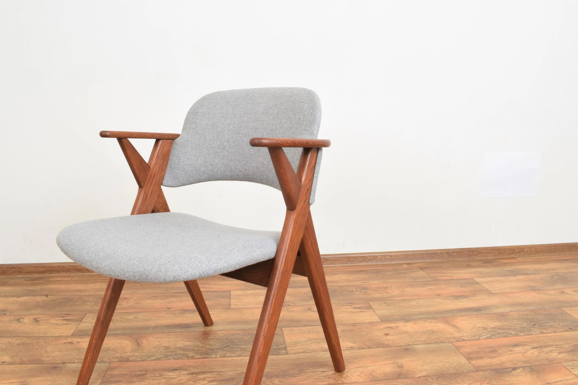 Armchair, brown oak, grey fabric, Denmark, 1960s. - 315536