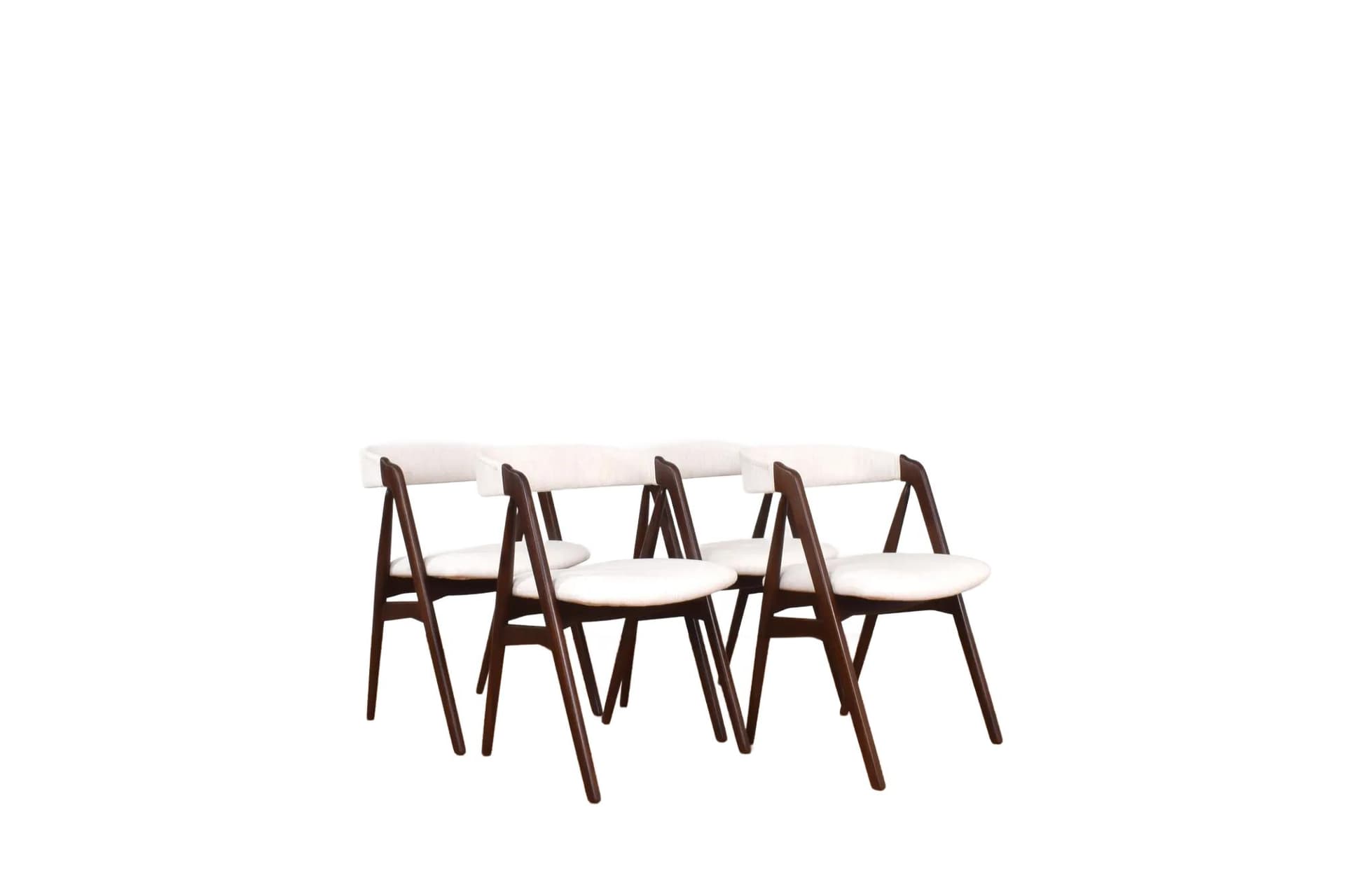 Set of four chairs model 205, brown teak, beige fabric, by Th. Harlev, Denmark, 1960s.