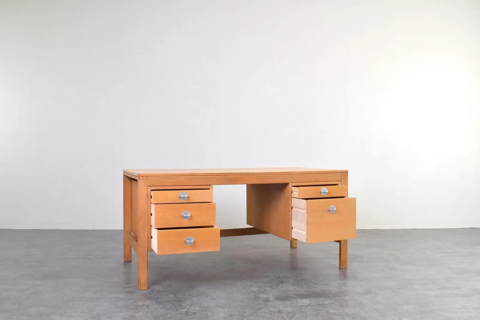 Desk, brown oak, silver aluminum, by Chr. Rasmussen, Randers Møbelfabrik, Denmark, 1970s. - 315476