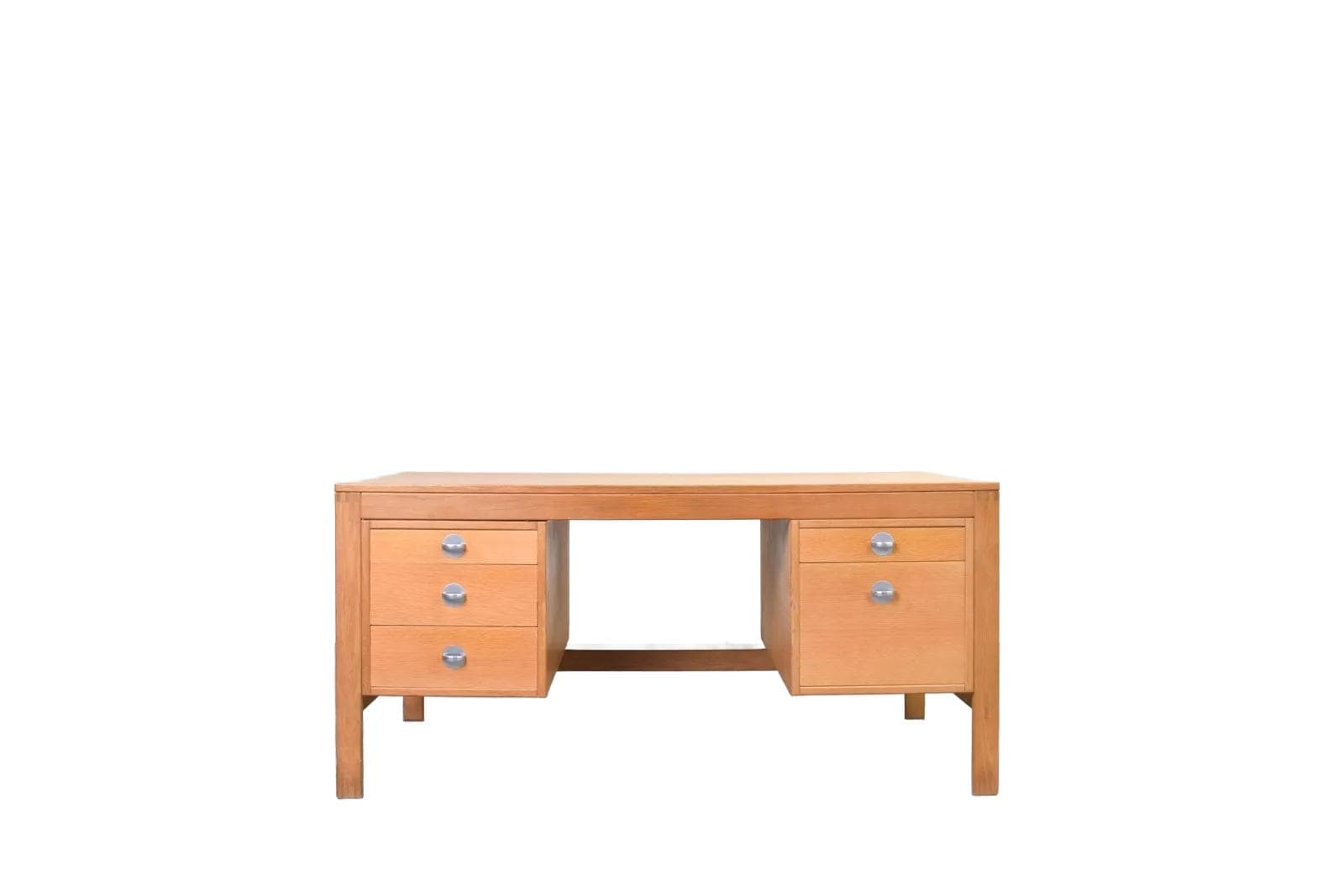 Desk, brown oak, silver aluminum, by Chr. Rasmussen, Randers Møbelfabrik, Denmark, 1970s.