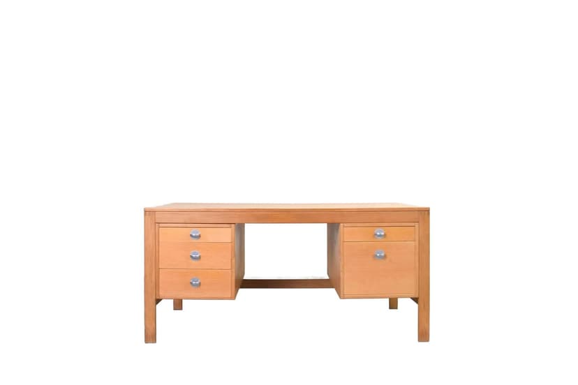 Desk, brown oak, silver aluminum, by Chr. Rasmussen, Randers Møbelfabrik, Denmark, 1970s.