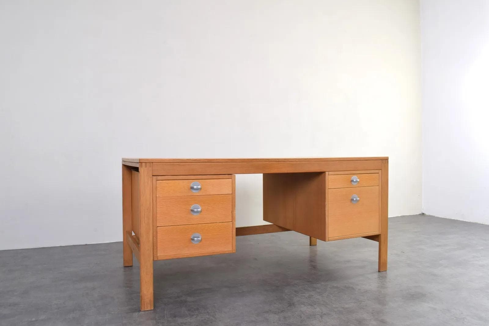 Desk, brown oak, silver aluminum, by Chr. Rasmussen, Randers Møbelfabrik, Denmark, 1970s. - 315472