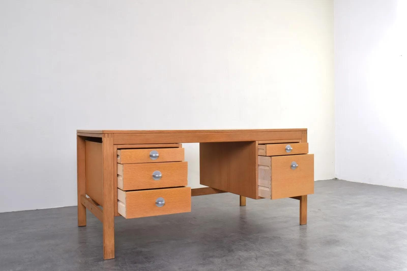 Desk, brown oak, silver aluminum, by Chr. Rasmussen, Randers Møbelfabrik, Denmark, 1970s. - 315477