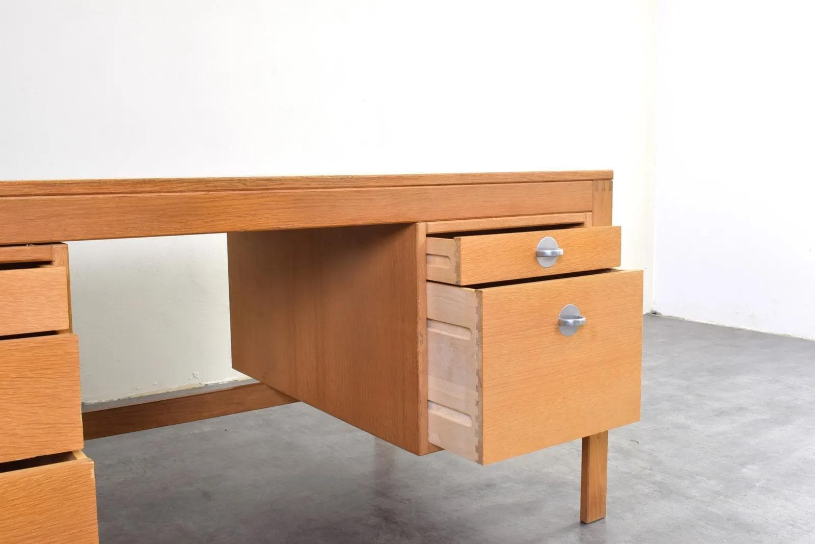 Desk, brown oak, silver aluminum, by Chr. Rasmussen, Randers Møbelfabrik, Denmark, 1970s. - 315473
