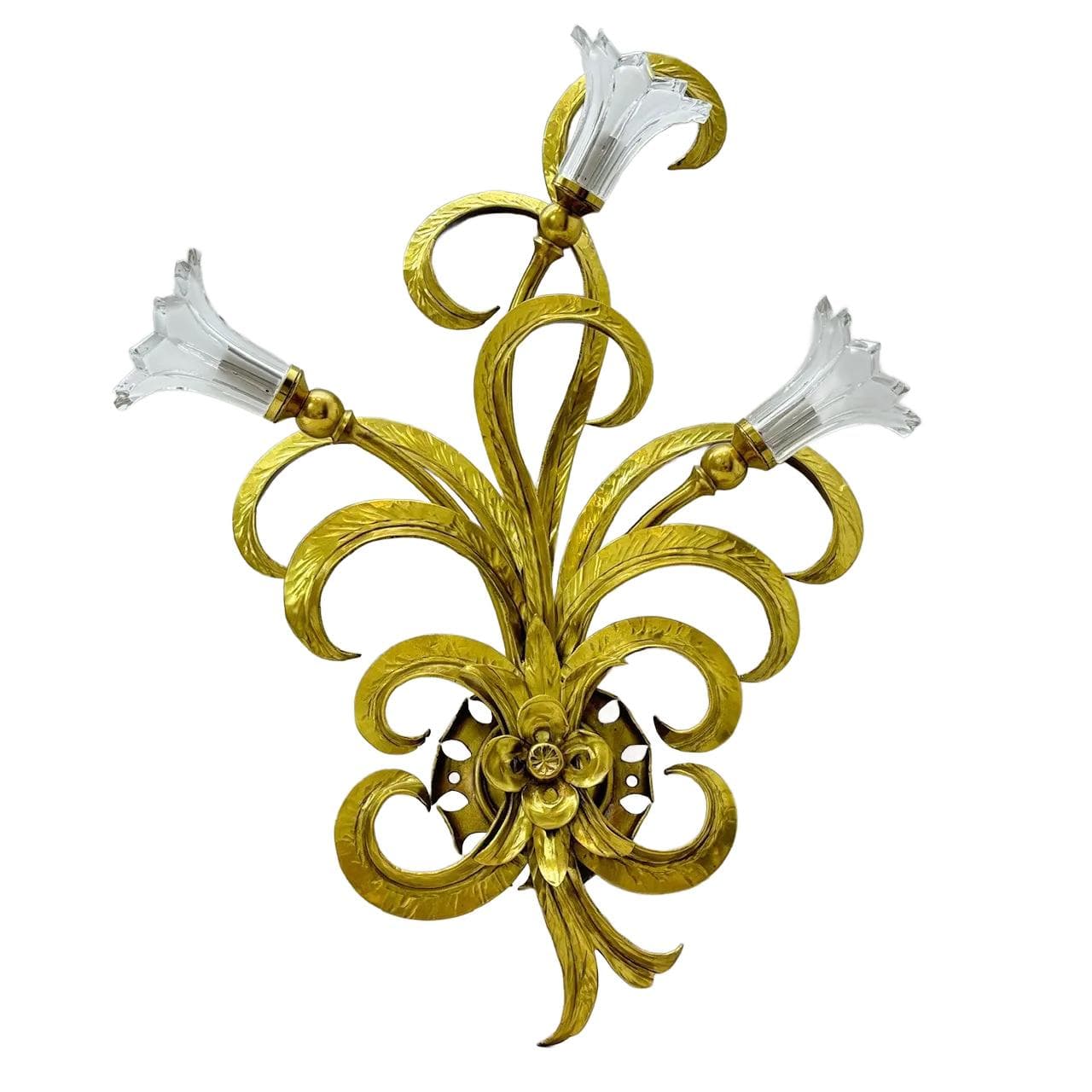 Kinkiet floralny, złoty, mosiądz kryształ, Christoph Palme, Niemcy, lata 70.