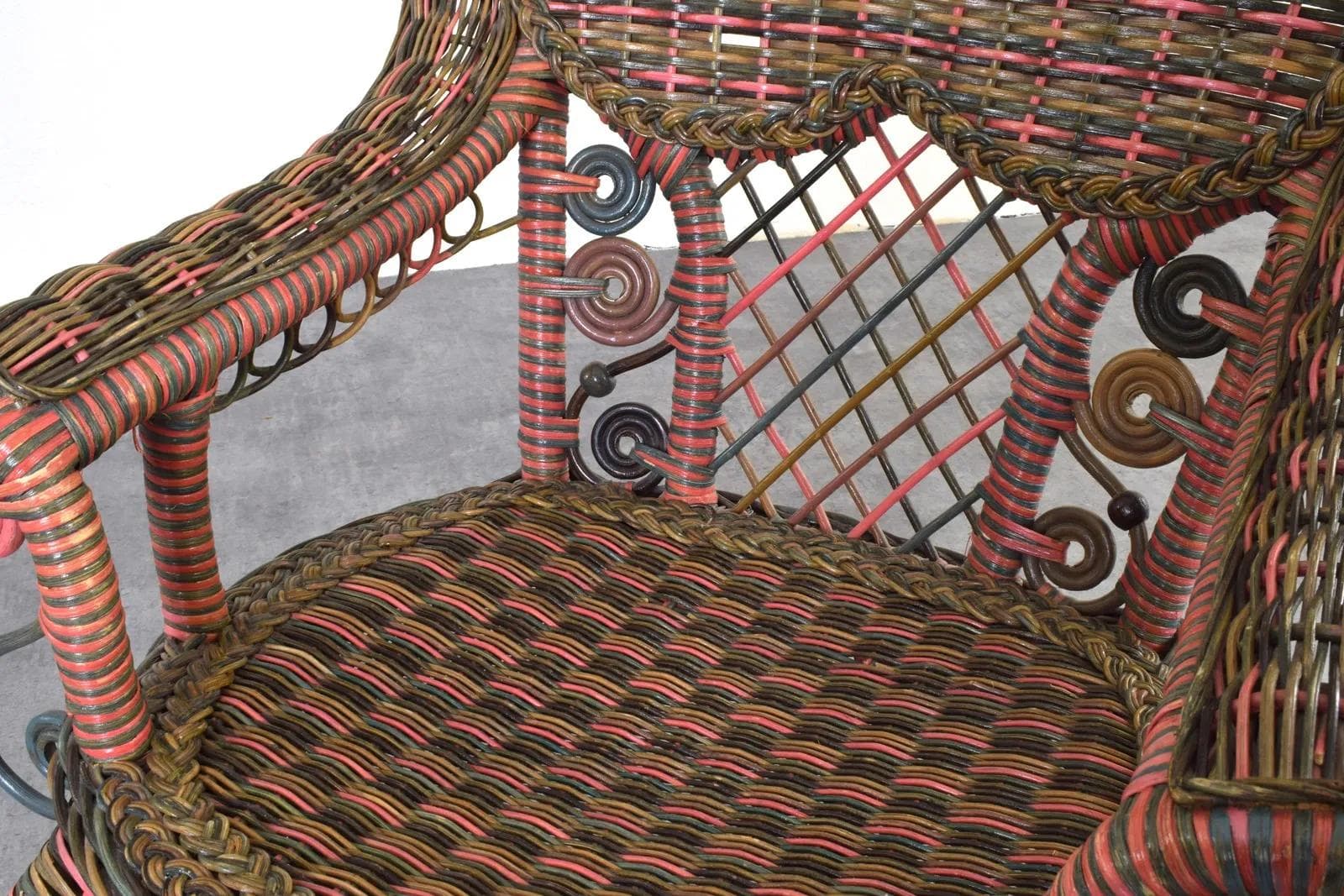 Victorian Armchair, multicolor wicker, Heywood-Wakefield, USA, early 20th c. - 315451