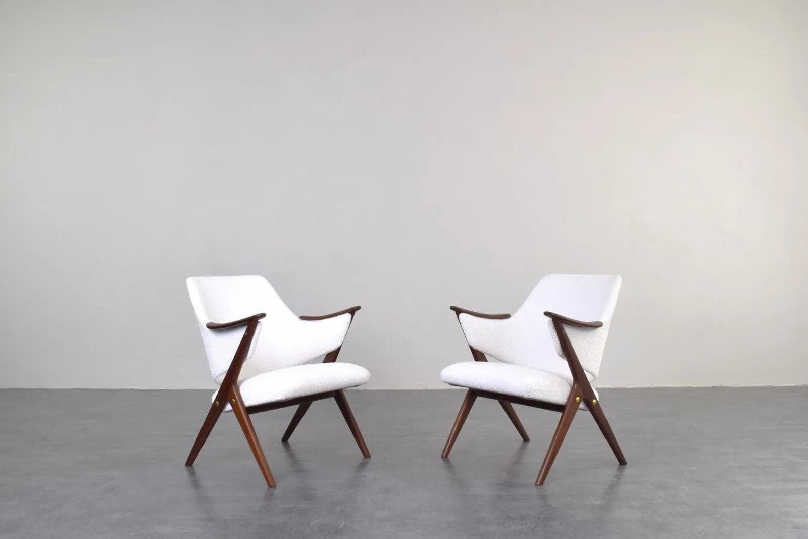 Para foteli Knott, teak brązowy, bouclé biały, Brunstad Møbelfabrikk, Norwegia, lata 60. - 315338