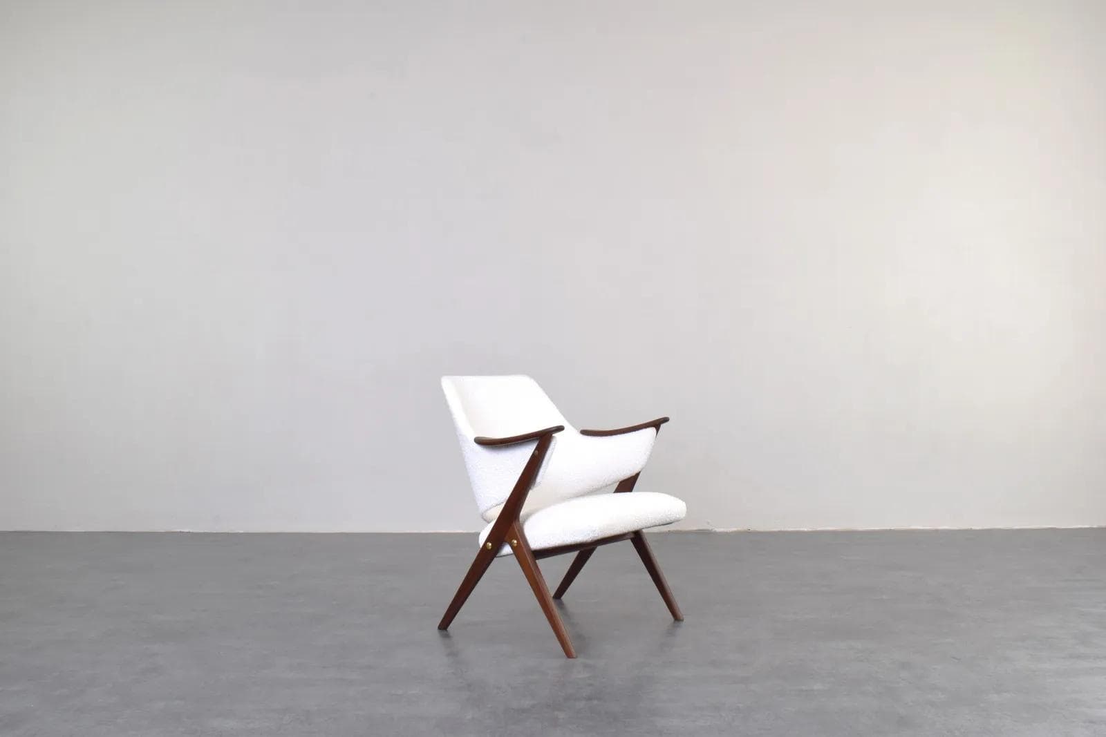Para foteli Knott, teak brązowy, bouclé biały, Brunstad Møbelfabrikk, Norwegia, lata 60. - 315340