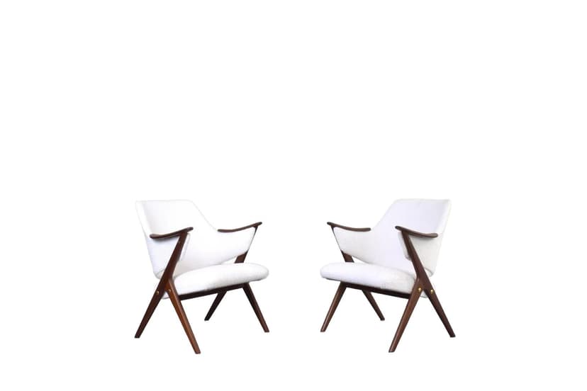 Para foteli Knott, teak brązowy, bouclé biały, Brunstad Møbelfabrikk, Norwegia, lata 60.