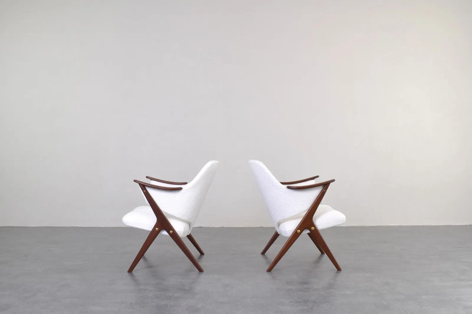 Para foteli Knott, teak brązowy, bouclé biały, Brunstad Møbelfabrikk, Norwegia, lata 60. - 315339