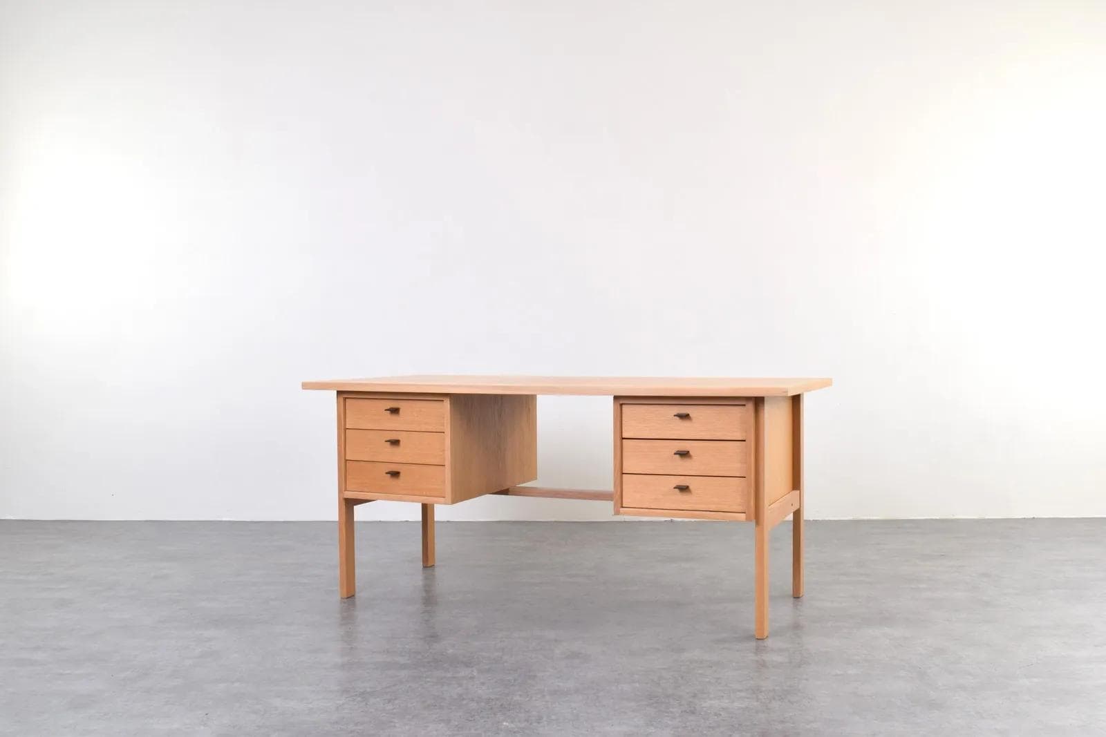 Desk, beige oak, brown leather, by S. Å. Madsen, Denmark, 1960s. - 315237