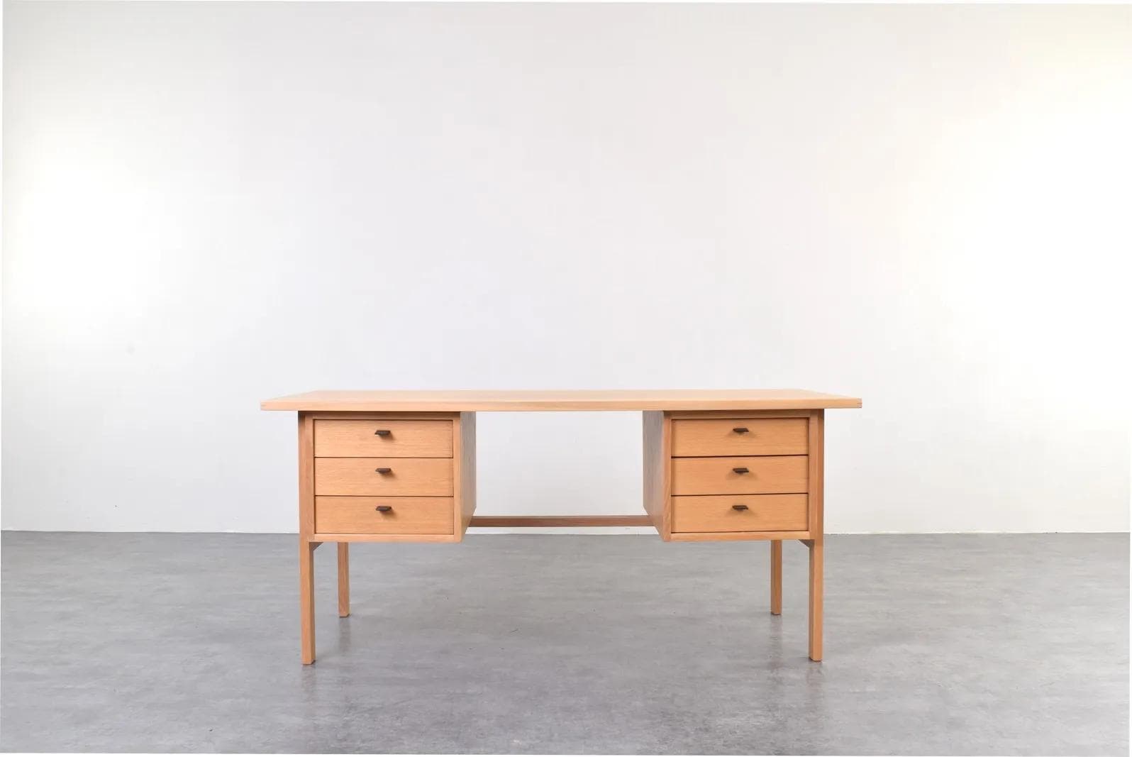 Desk, beige oak, brown leather, by S. Å. Madsen, Denmark, 1960s. - 315238