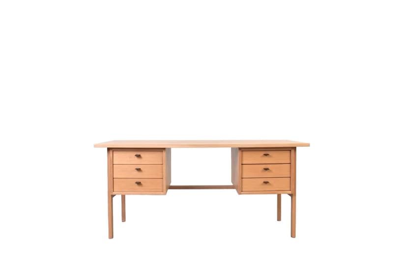 Desk, beige oak, brown leather, by S. Å. Madsen, Denmark, 1960s.