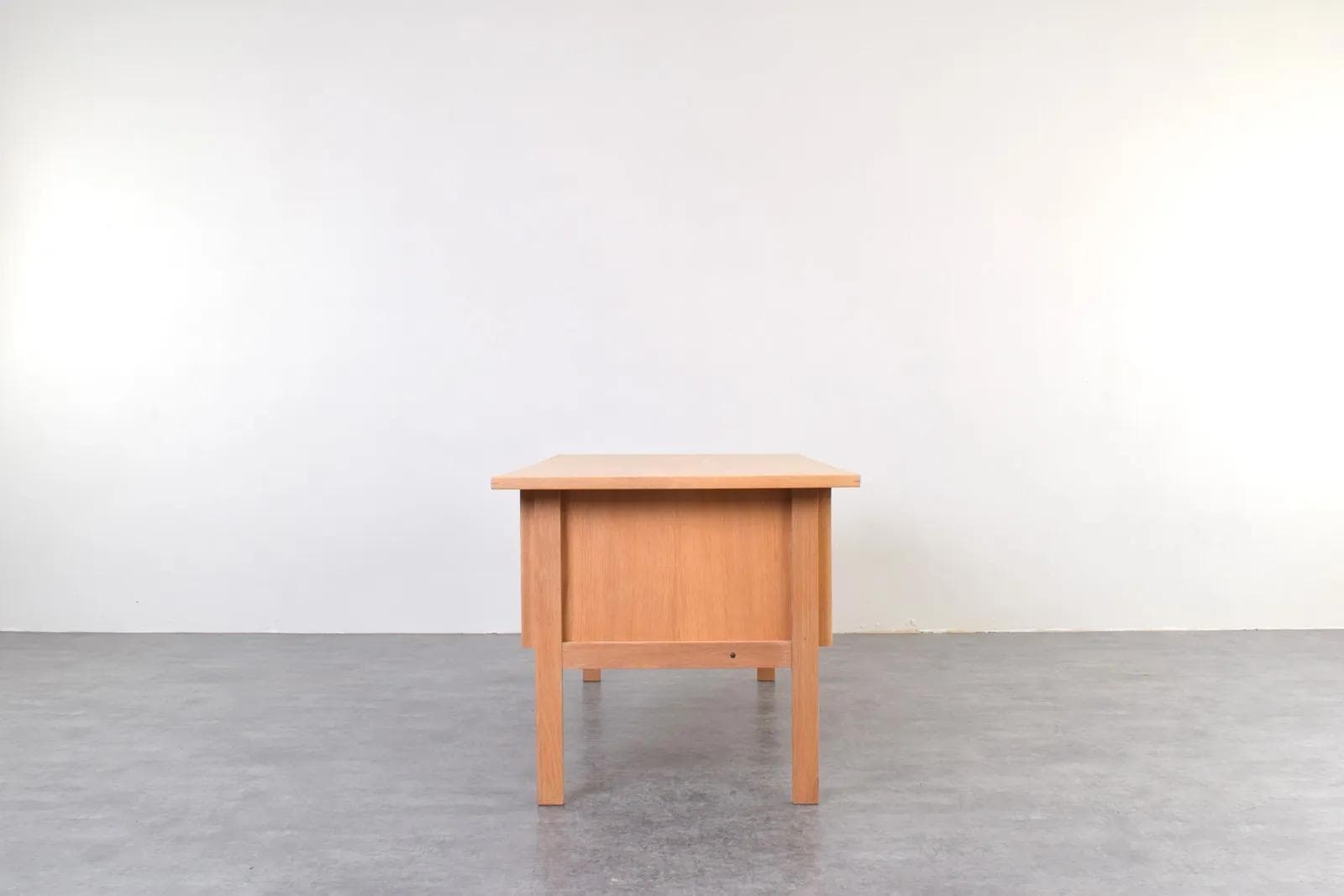 Desk, beige oak, brown leather, by S. Å. Madsen, Denmark, 1960s. - 315236