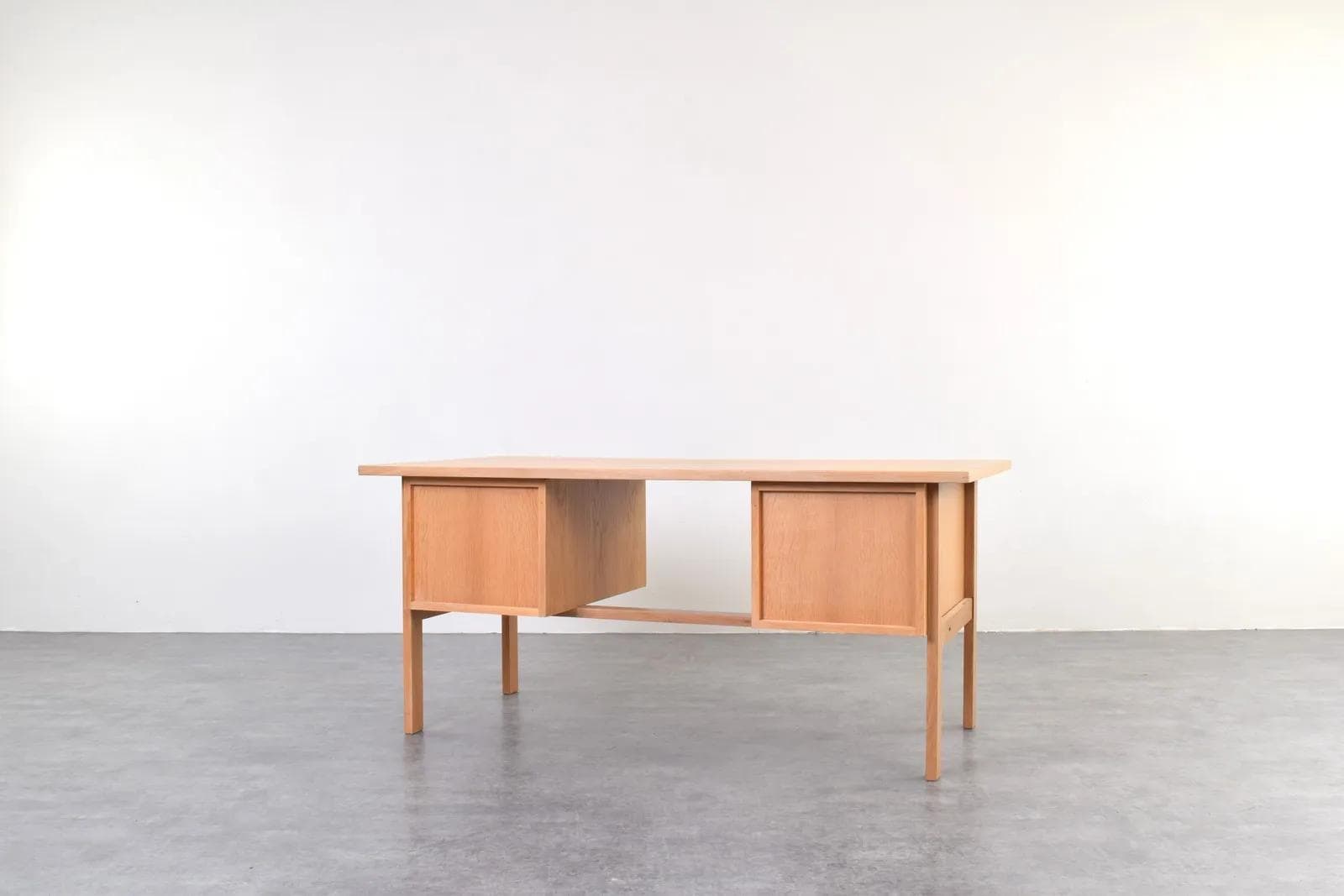Desk, beige oak, brown leather, by S. Å. Madsen, Denmark, 1960s. - 315235
