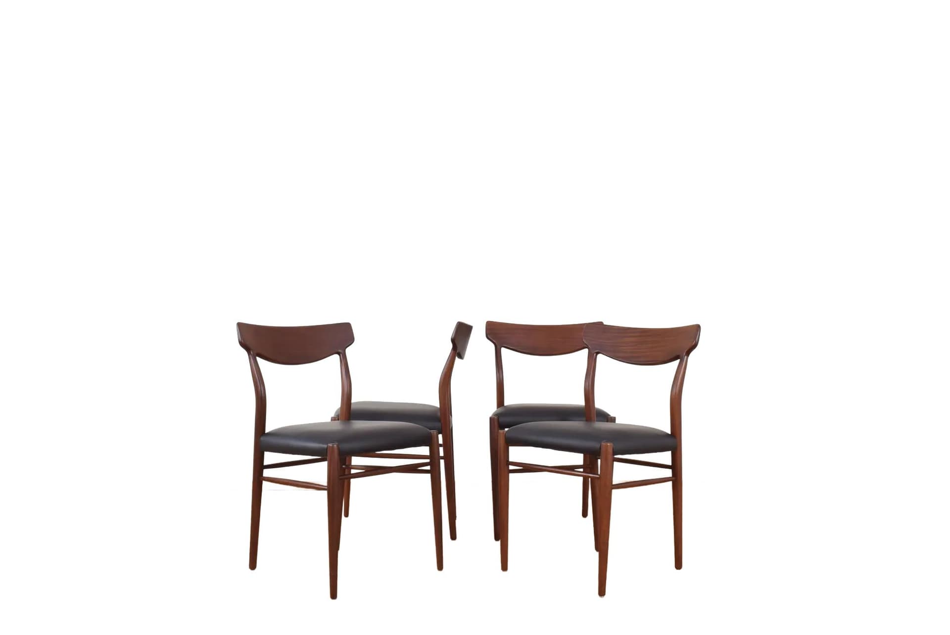 Set of four chairs, brown teak, black leather, by G. Herkströter, Lübke, Germany, 1960s.