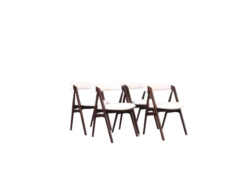 Zestaw czterech krzeseł model 205, teak brązowy, tkanina beżowa, proj. Th. Harlev, Farstrup, Dania, lata 60.