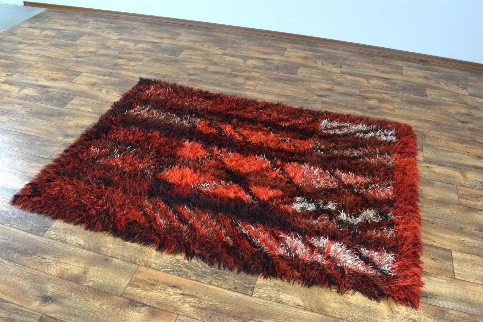 Rya Rug 200x140 cm, red black white orange, wool, by M. Richter, Sweden, 1960s - 315042