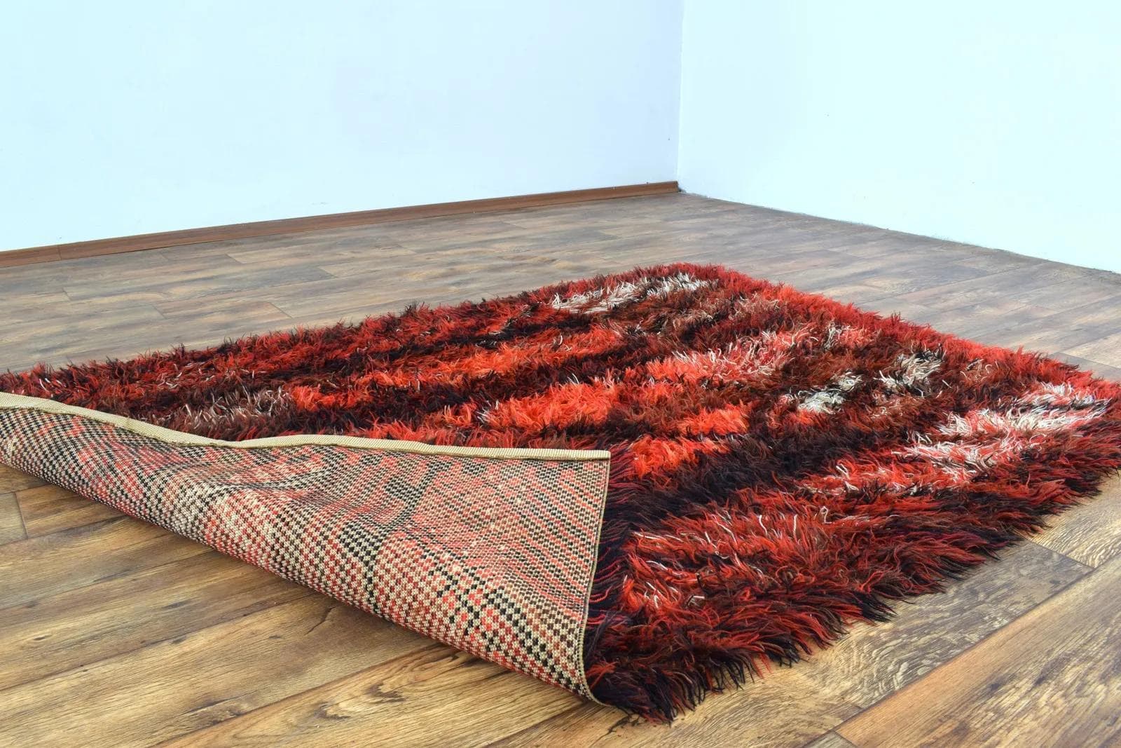 Rya Rug 200x140 cm, red black white orange, wool, by M. Richter, Sweden, 1960s - 315047