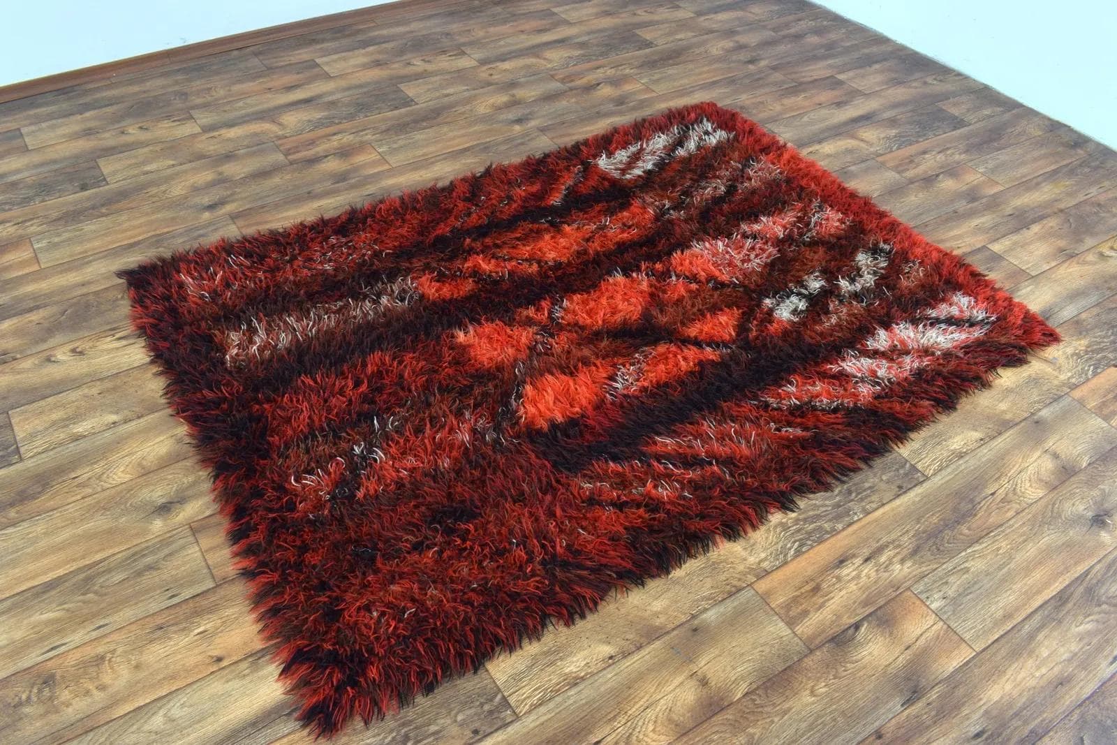 Rya Rug 200x140 cm, red black white orange, wool, by M. Richter, Sweden, 1960s - 315043