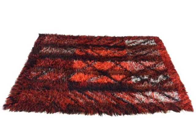 Rya Rug 200x140 cm, red black white orange, wool, by M. Richter, Sweden, 1960s - DIMENSION
