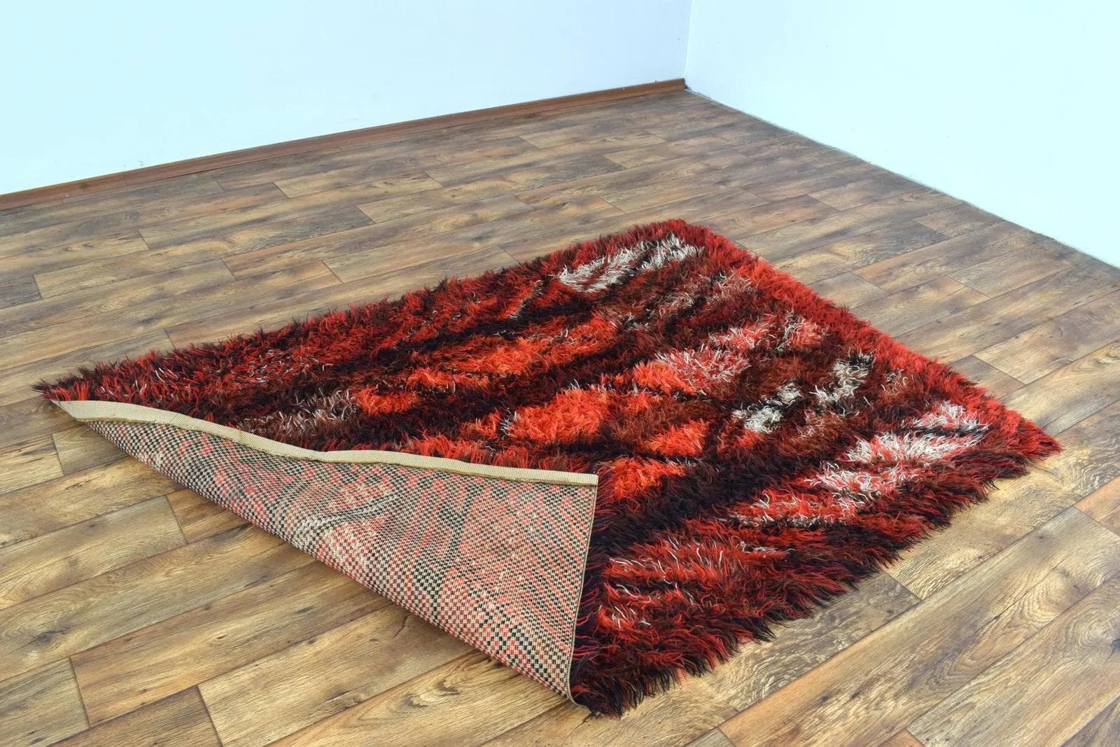 Rya Rug 200x140 cm, red black white orange, wool, by M. Richter, Sweden, 1960s - 315044