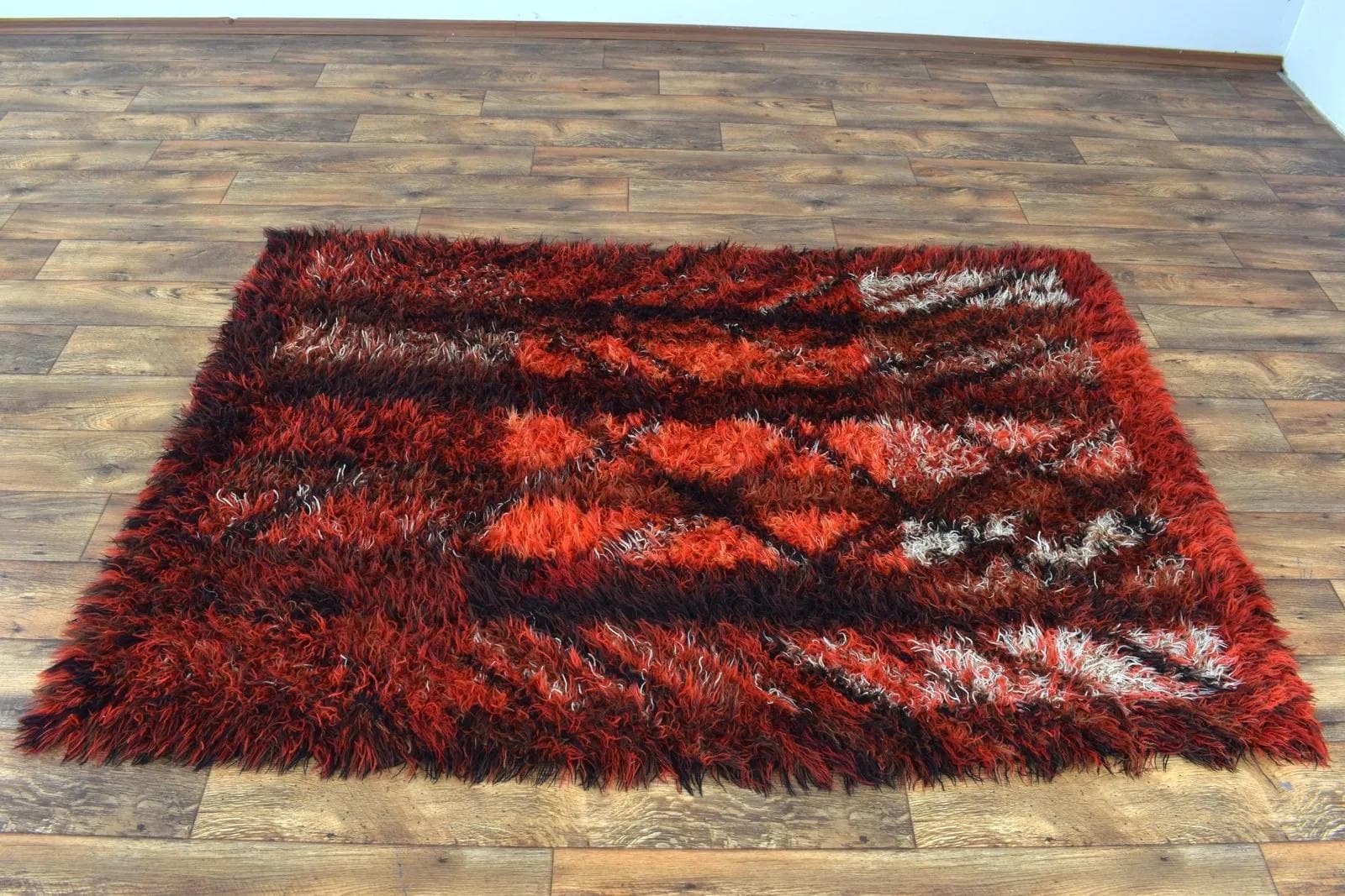 Rya Rug 200x140 cm, red black white orange, wool, by M. Richter, Sweden, 1960s - 315049