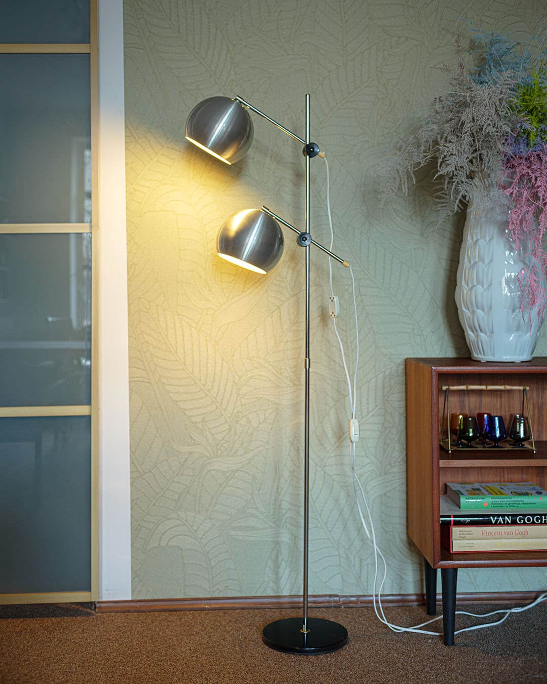 Lampa podłogowa, aluminium srebrny, metal czarny, Dania, lata 70. - 314814