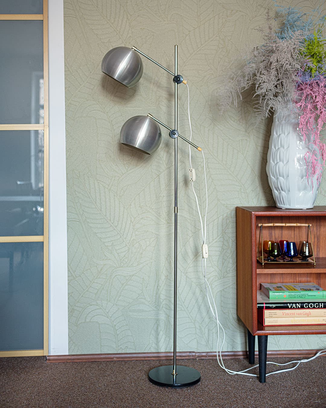 Lampa podłogowa, aluminium srebrny, metal czarny, Dania, lata 70. - 314815