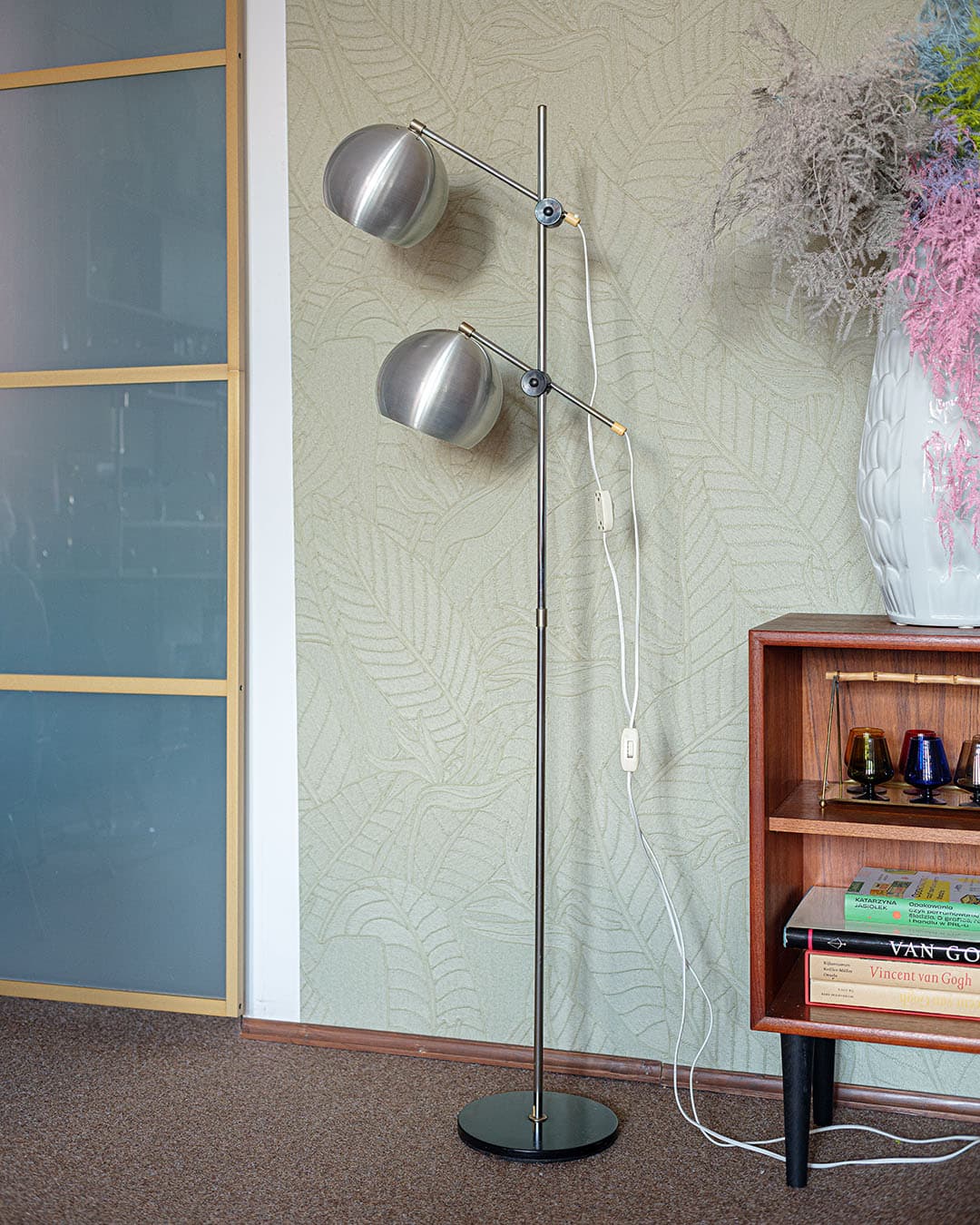 Lampa podłogowa, aluminium srebrny, metal czarny, Dania, lata 70. - 314818