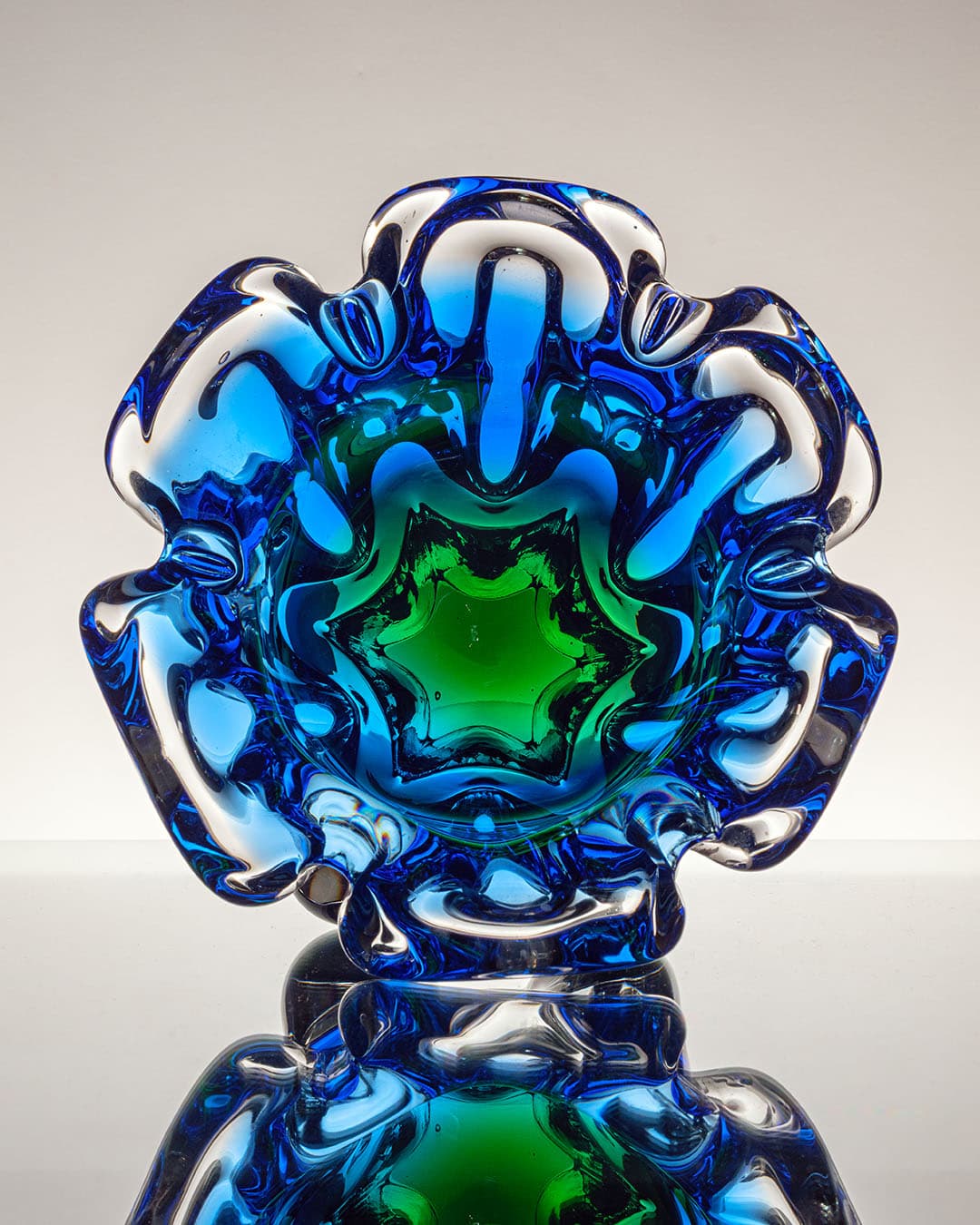 Bowl, cobalt blue with green accent, glass, by J. Hospodka, Czechoslovakia, 1970s - 314823