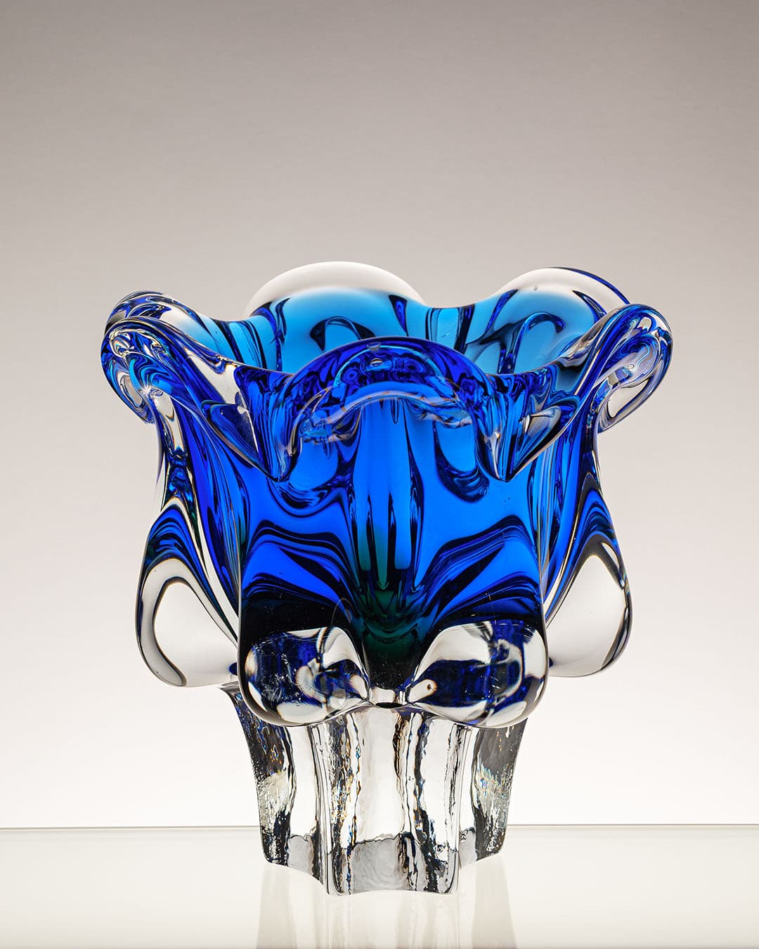 Bowl, cobalt blue with green accent, glass, by J. Hospodka, Czechoslovakia, 1970s - 314821