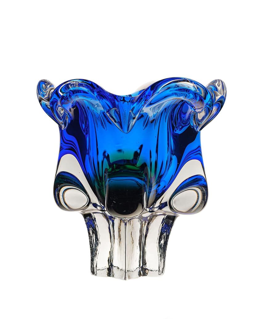 Bowl, cobalt blue with green accent, glass, by J. Hospodka, Czechoslovakia, 1970s