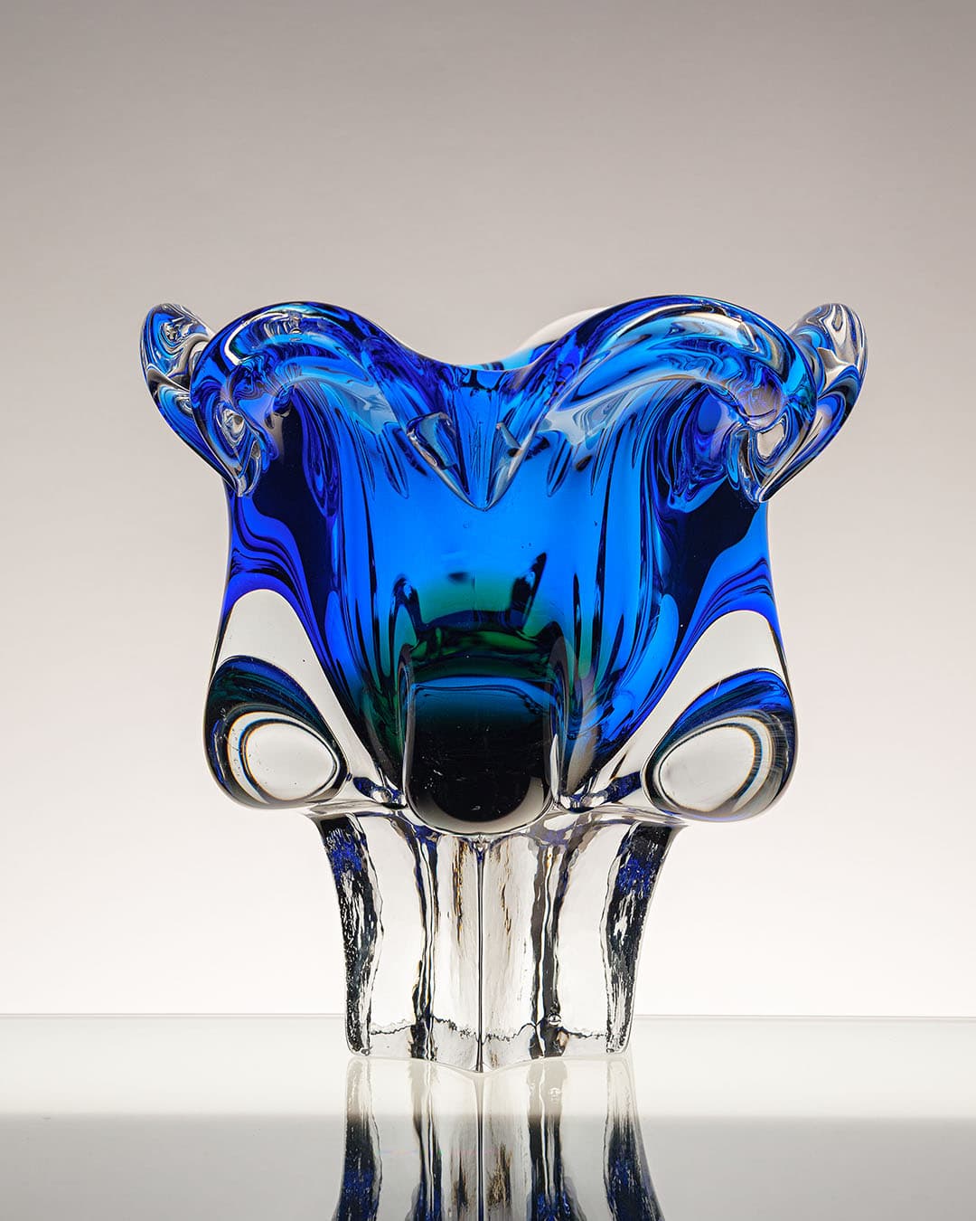 Bowl, cobalt blue with green accent, glass, by J. Hospodka, Czechoslovakia, 1970s - 314819