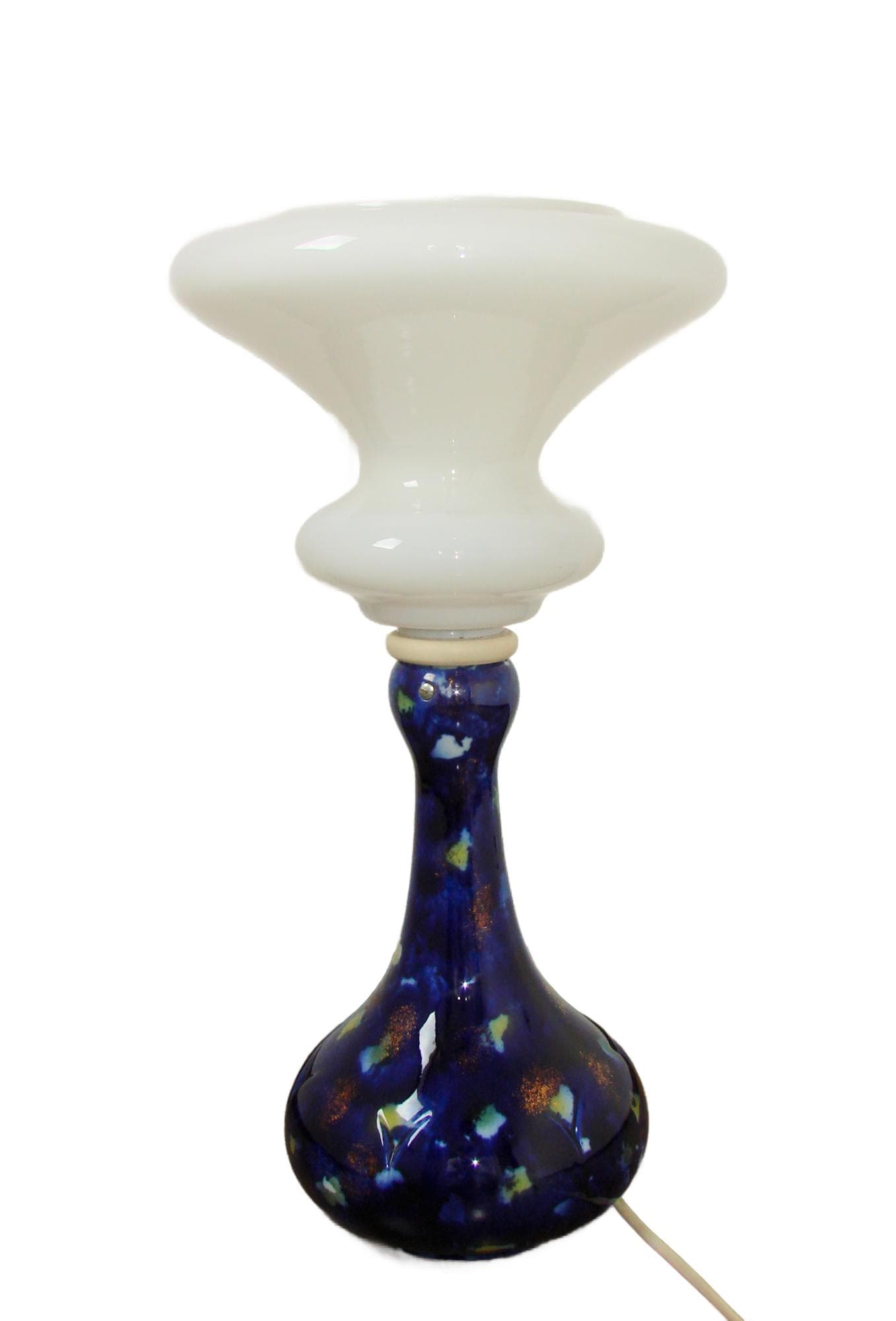 Lampa stołowa Space Age Nocne niebo, szkło mlecznobiałe, porcelana kobaltowa, lata 60.