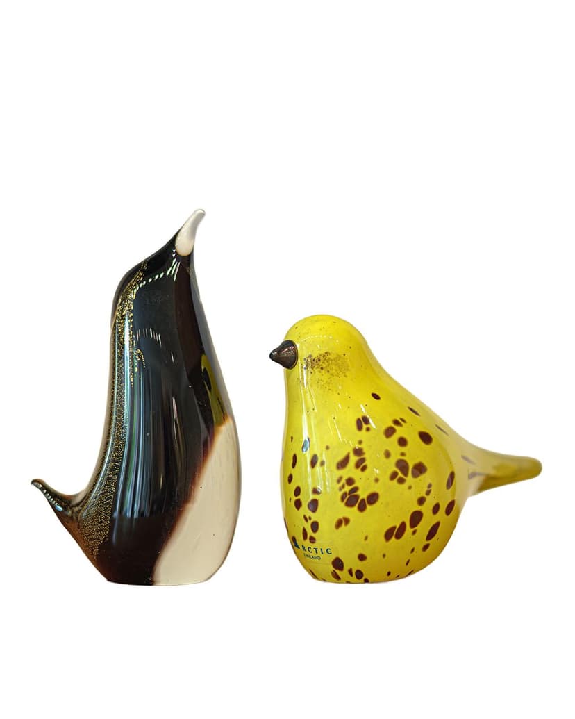 Pair of figurines bird and penguin, yellow, brown, black, white glass, Finland, 1990s.