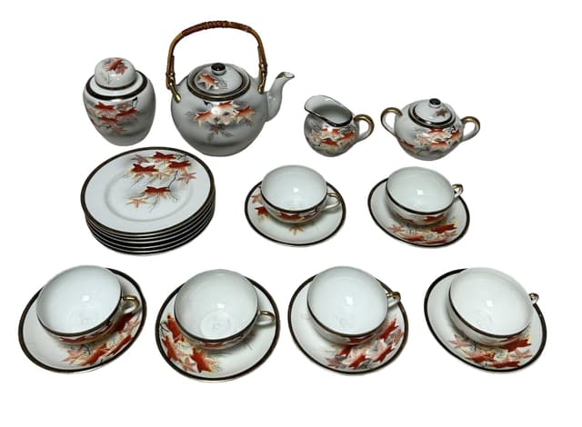 Zestaw porcelanowy, motyw Gejsza, biały porcelana, bambus brązowy, Japonia, lata 70. - WYMIARY