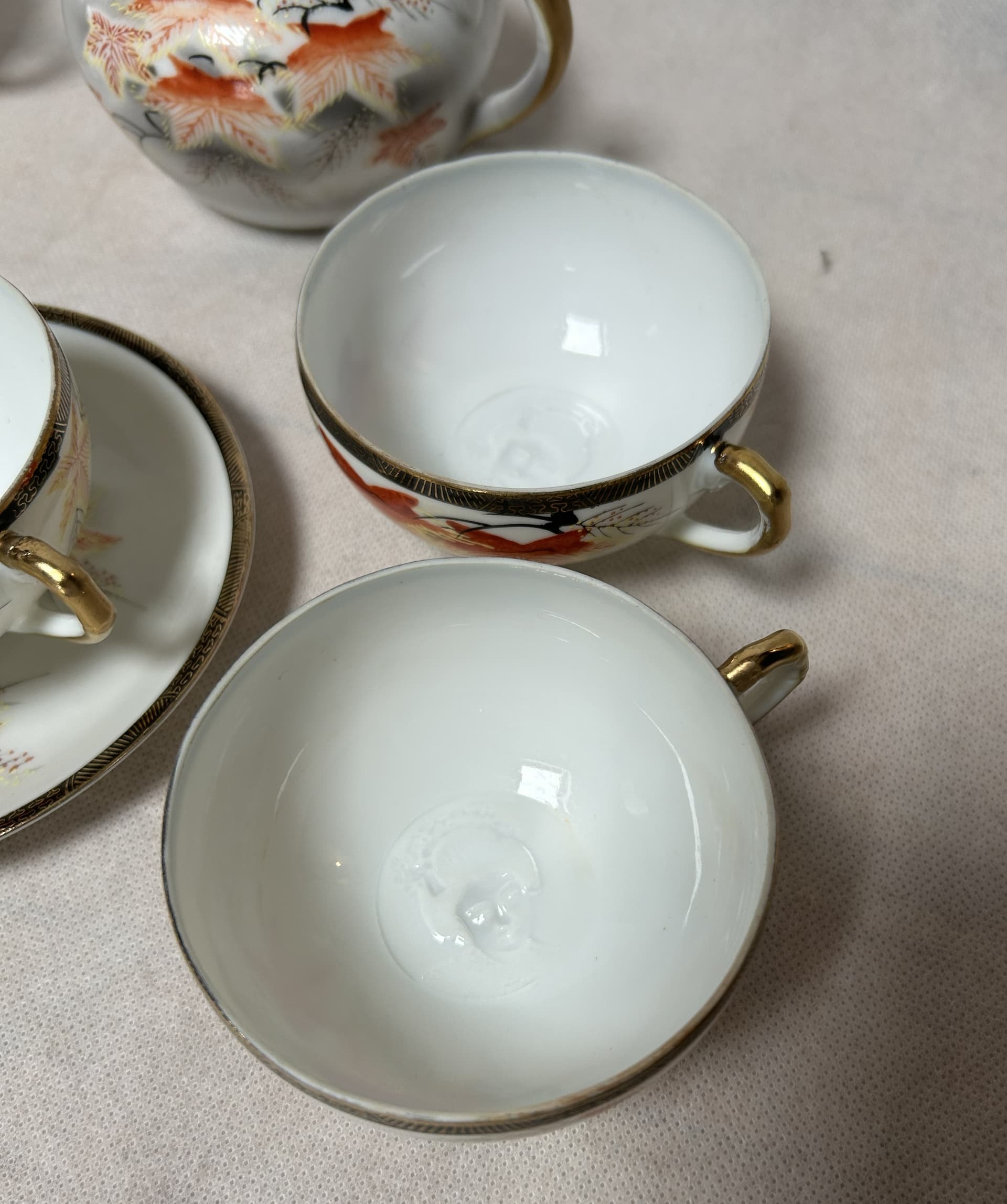 Zestaw porcelanowy, motyw Gejsza, biały porcelana, bambus brązowy, Japonia, lata 70. - 316430