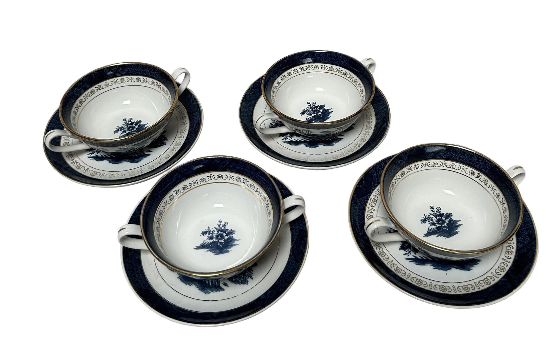 Zestaw czterech bulionówek Double Phoenix, porcelana kremowa, kobaltowy niebieski, złote wykończenia, Japonia, lata 50.